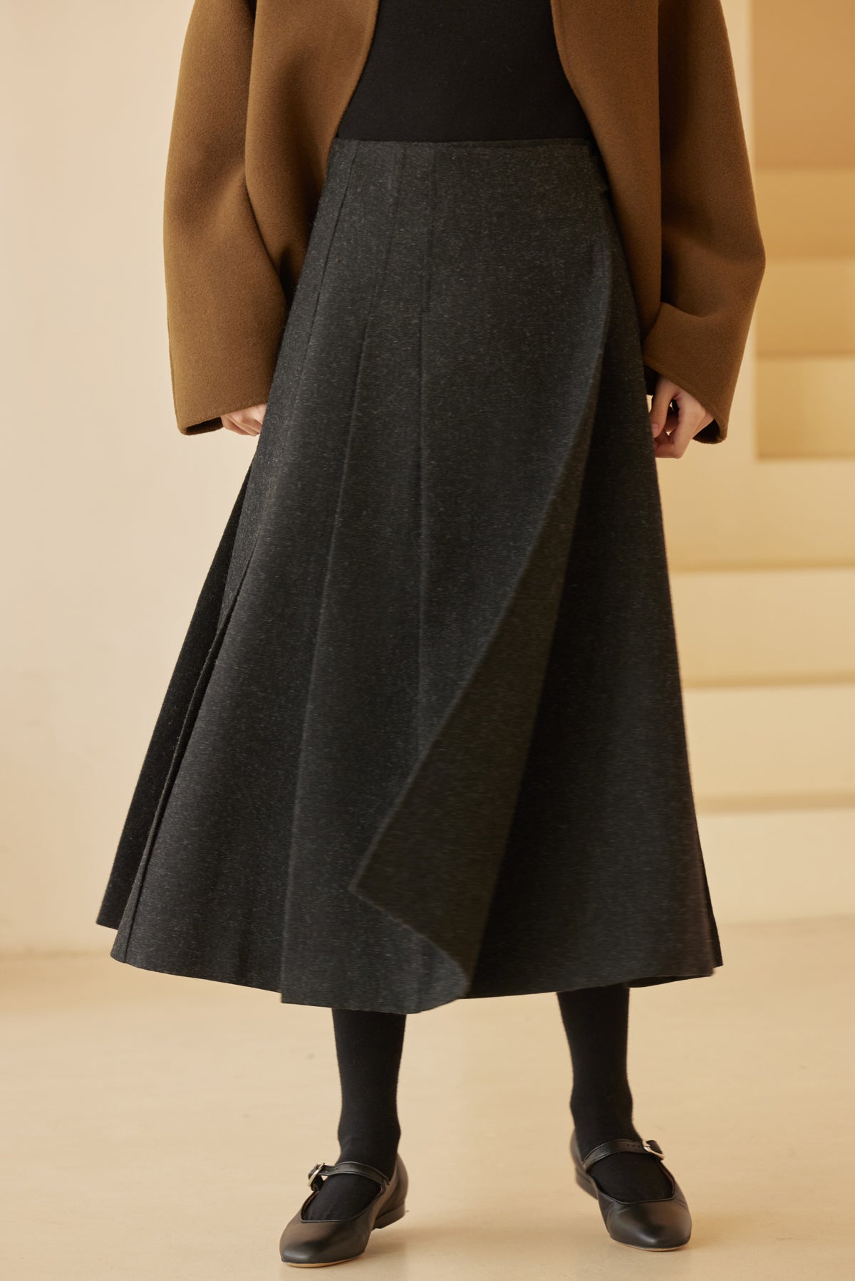 Wool-Blend Pleated Midi Skirt