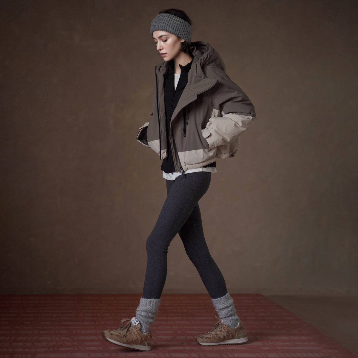 Color-Block Hooded Down Jacket, Brown, view 1