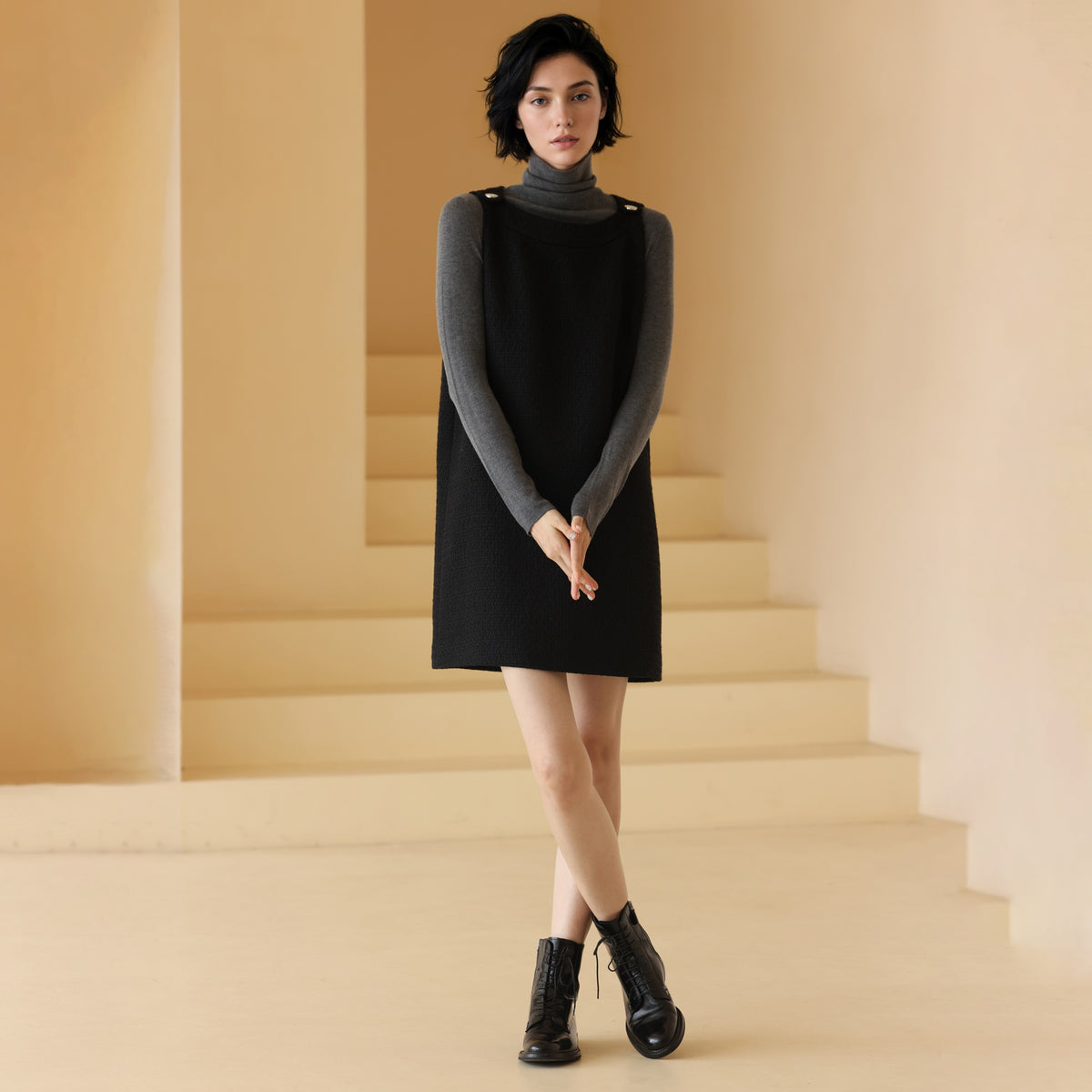 Silver-Button Tweed Pinafore Dress - by chocpi