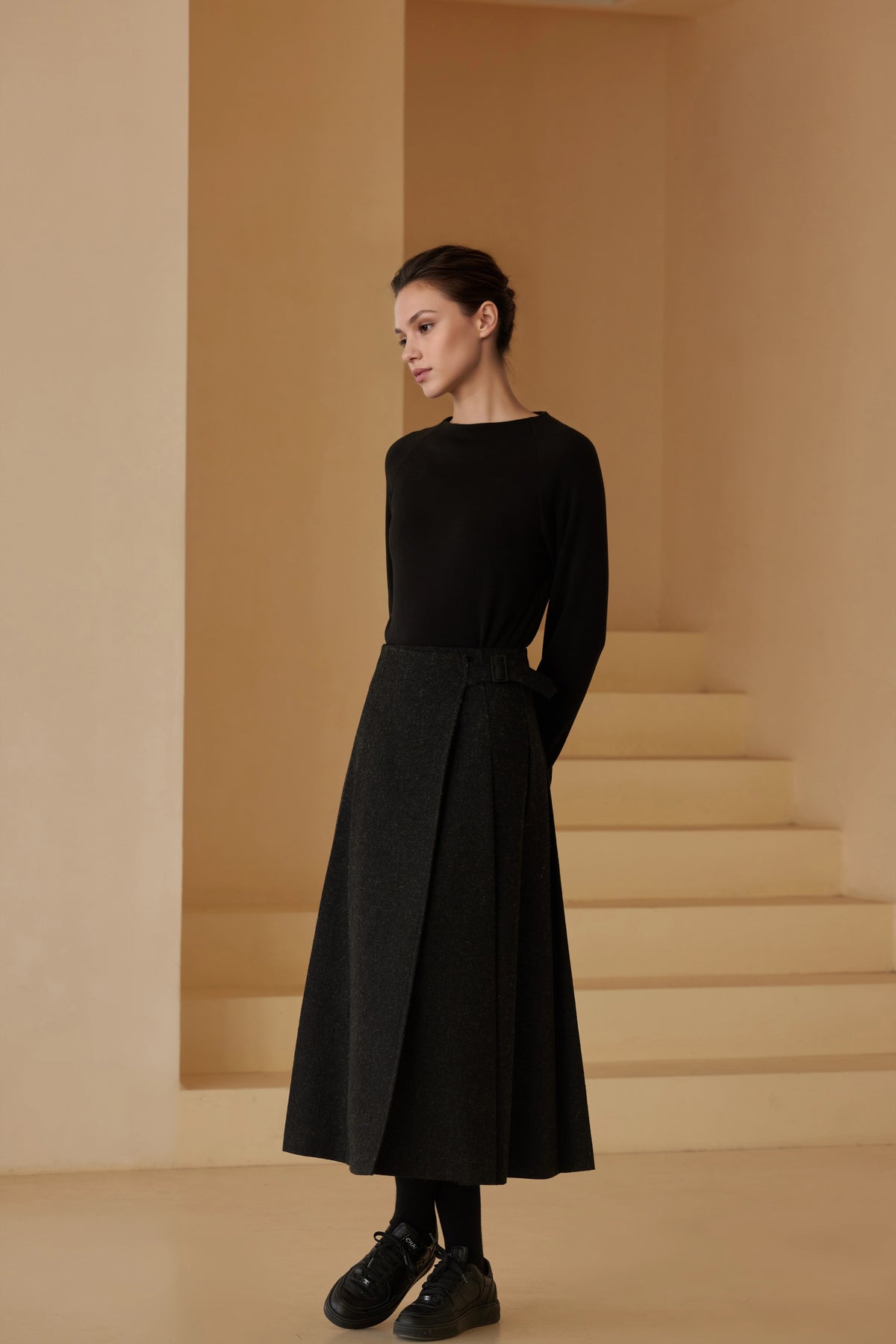 Wool-Blend Pleated Midi Skirt