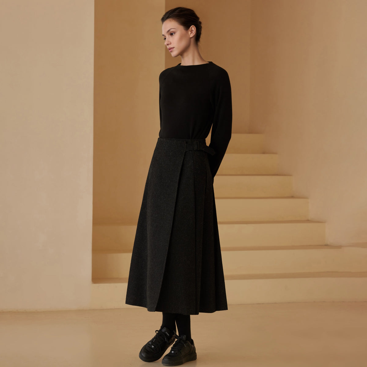 Wool-Blend Pleated Midi Skirt - by chocpi