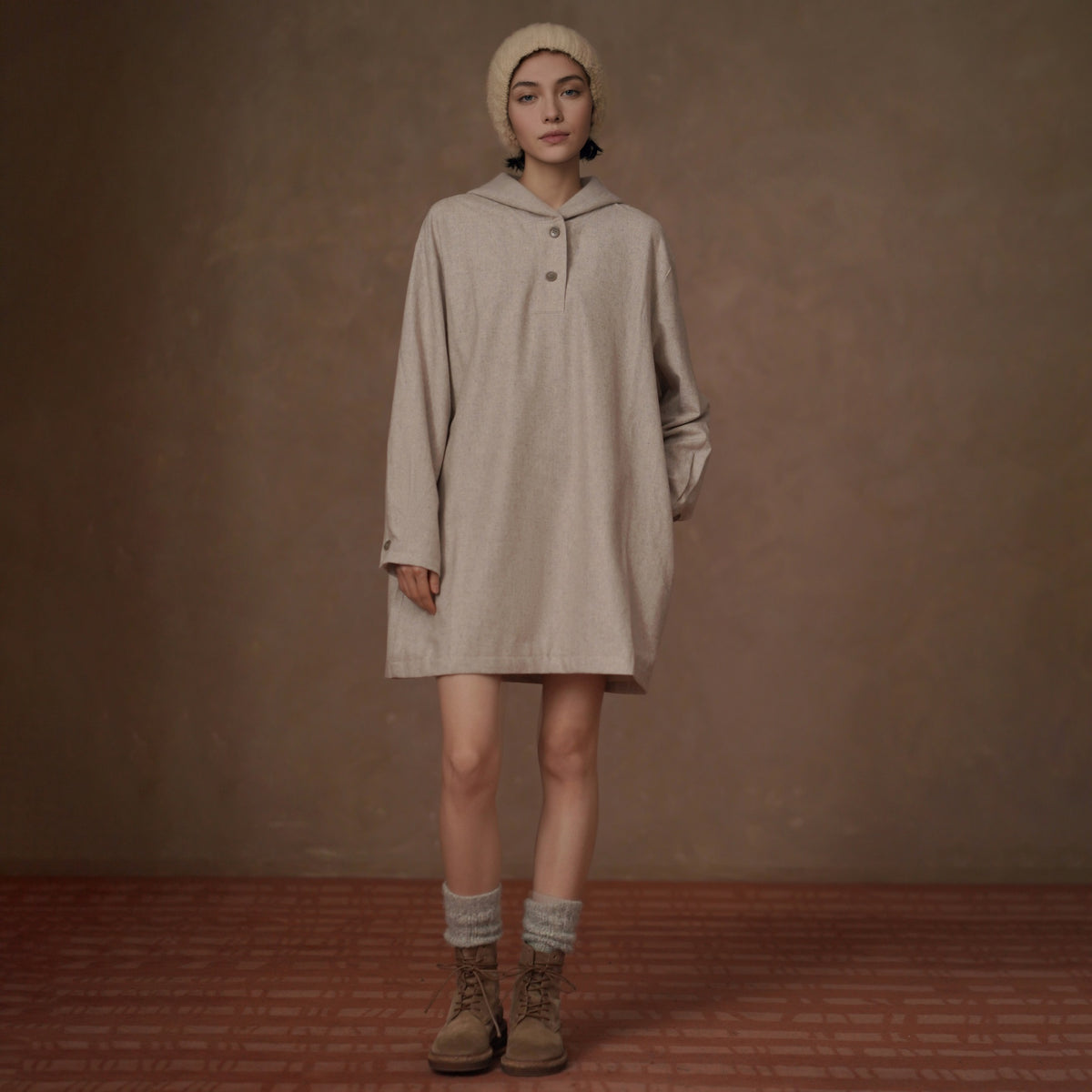 Textured Wool-Blend Hooded Dress, Beige, view 1