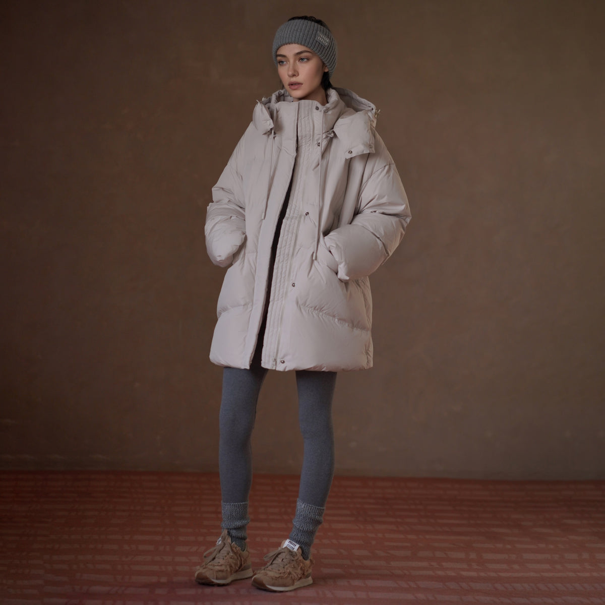 Hooded White Duck Down Jacket, Beige, view 4