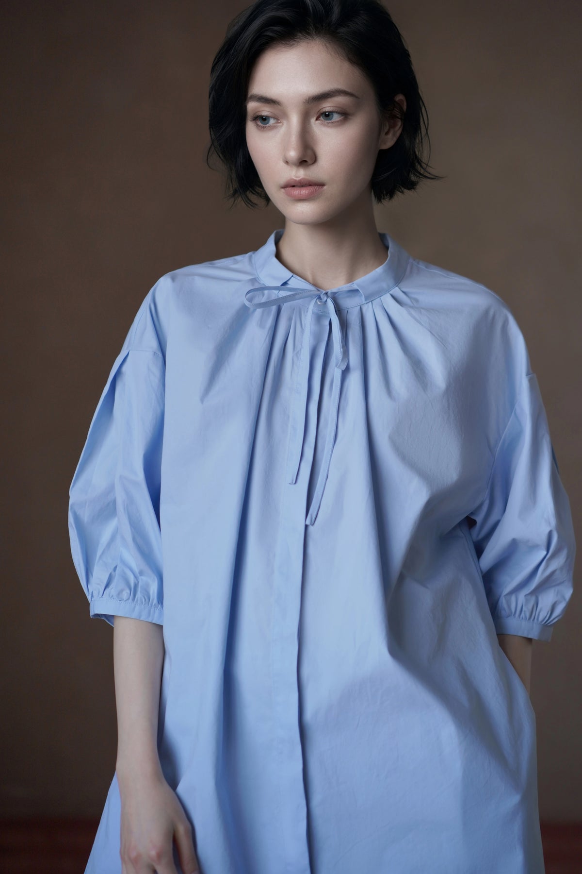 Stand-Collar Puff-Sleeve Midi Dress