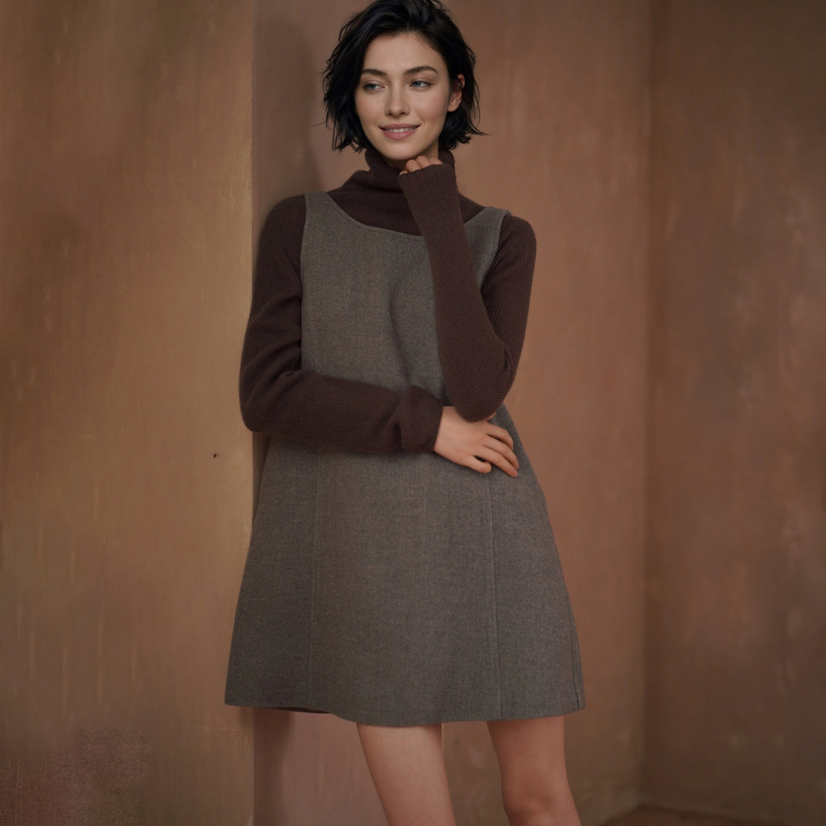 Textured Wool-Blend A-Line Mini Dress, Grey, view 3