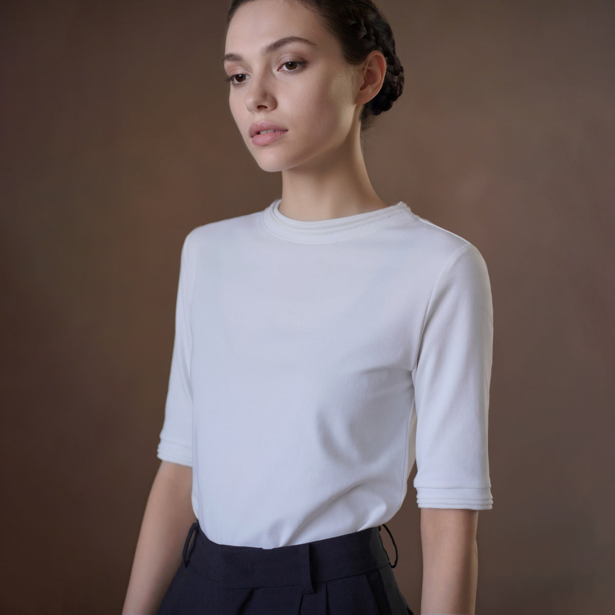 Tuck-Detail Stretch Crewneck Top, White, view 4
