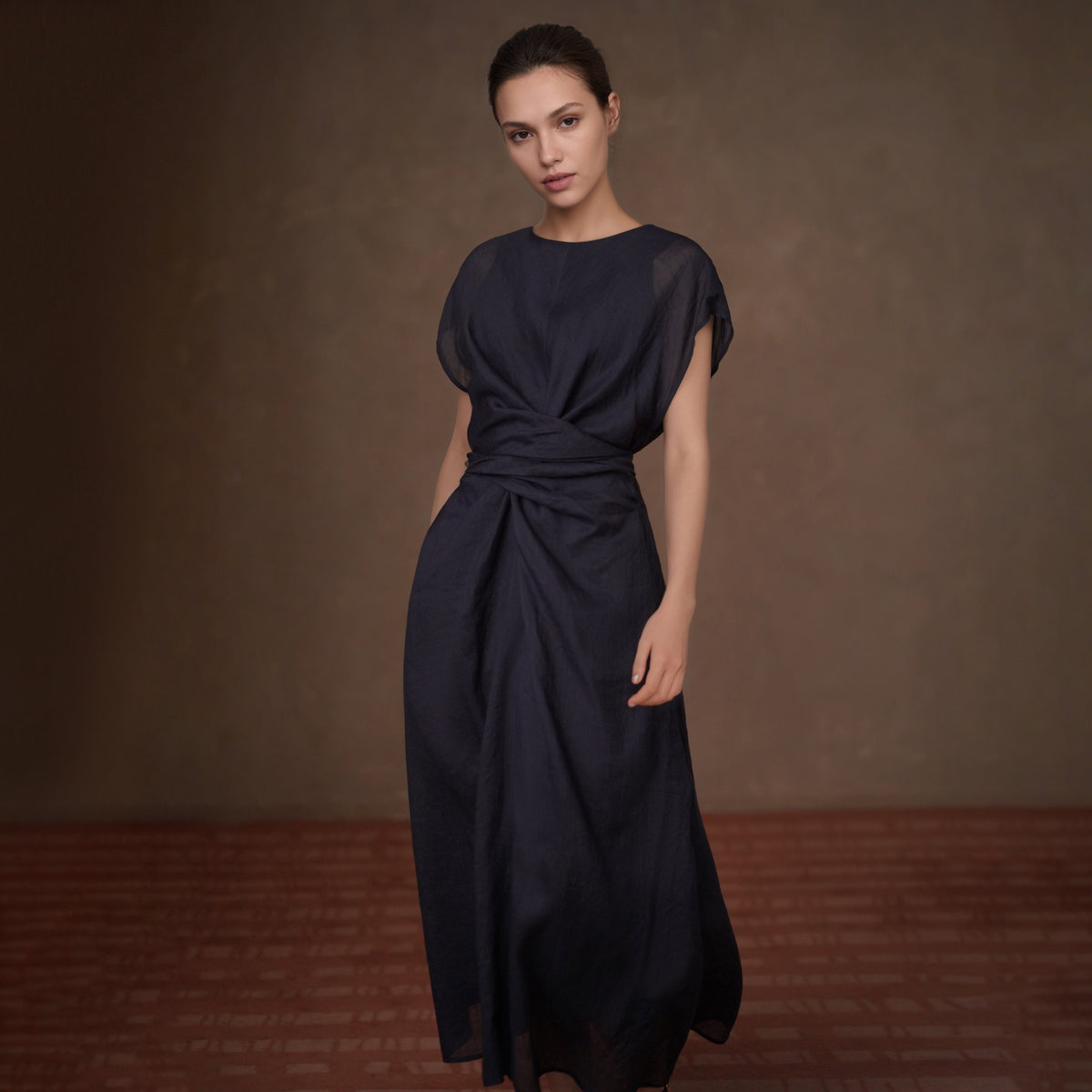 100% Ramie Twist-Front Belted Dress, Blue, view 2