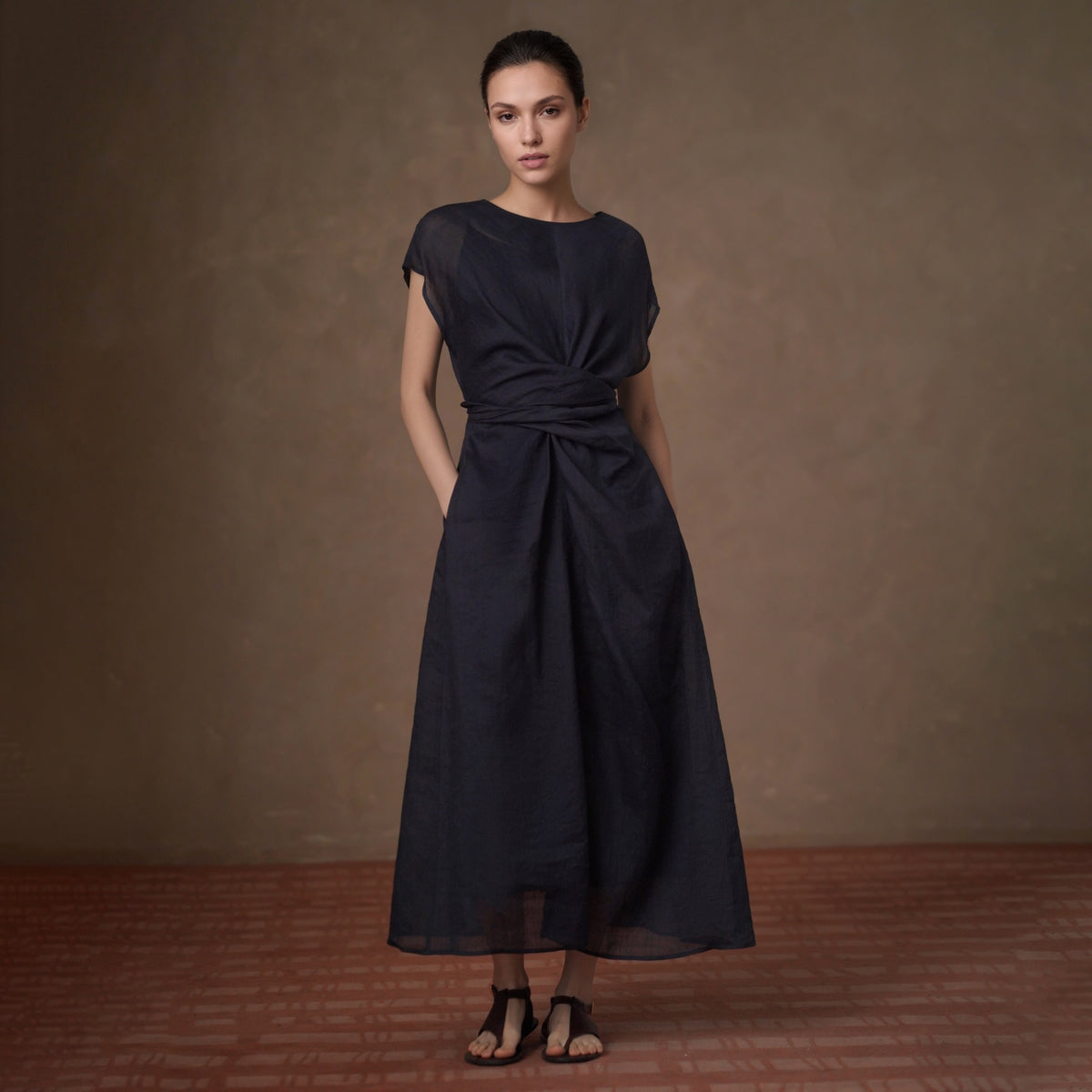 100% Ramie Twist-Front Belted Dress, Blue, view 4