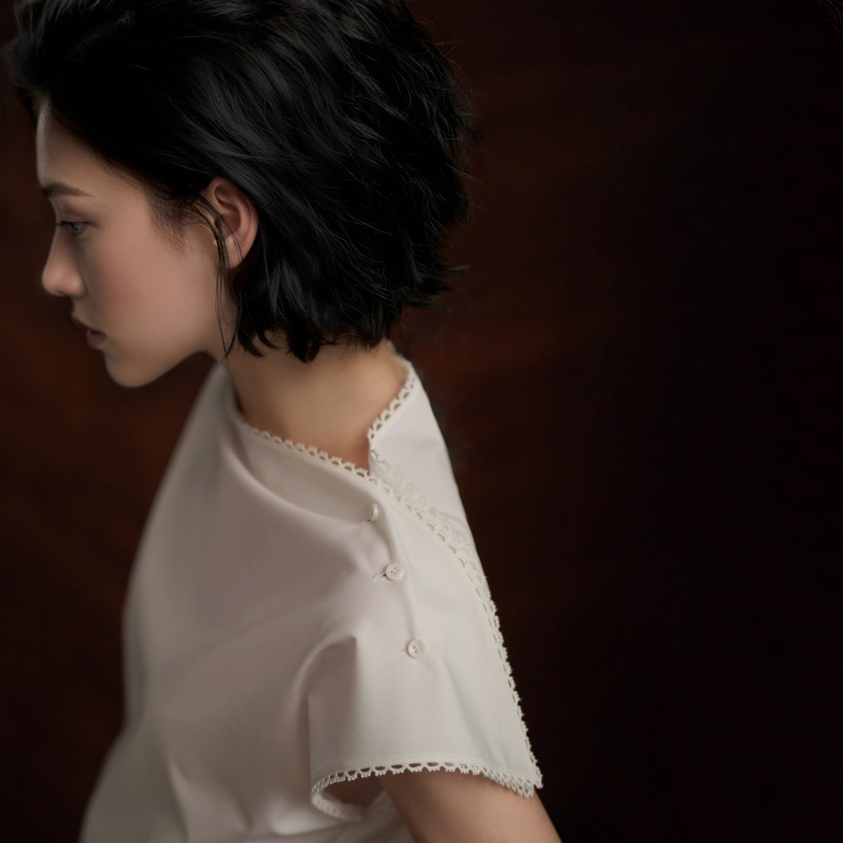 Lace-Panel Short-Sleeve Blouse, White, view 2
