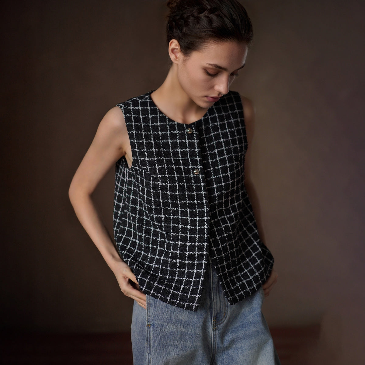 Contrast Check Tweed Vest, Black, view 3