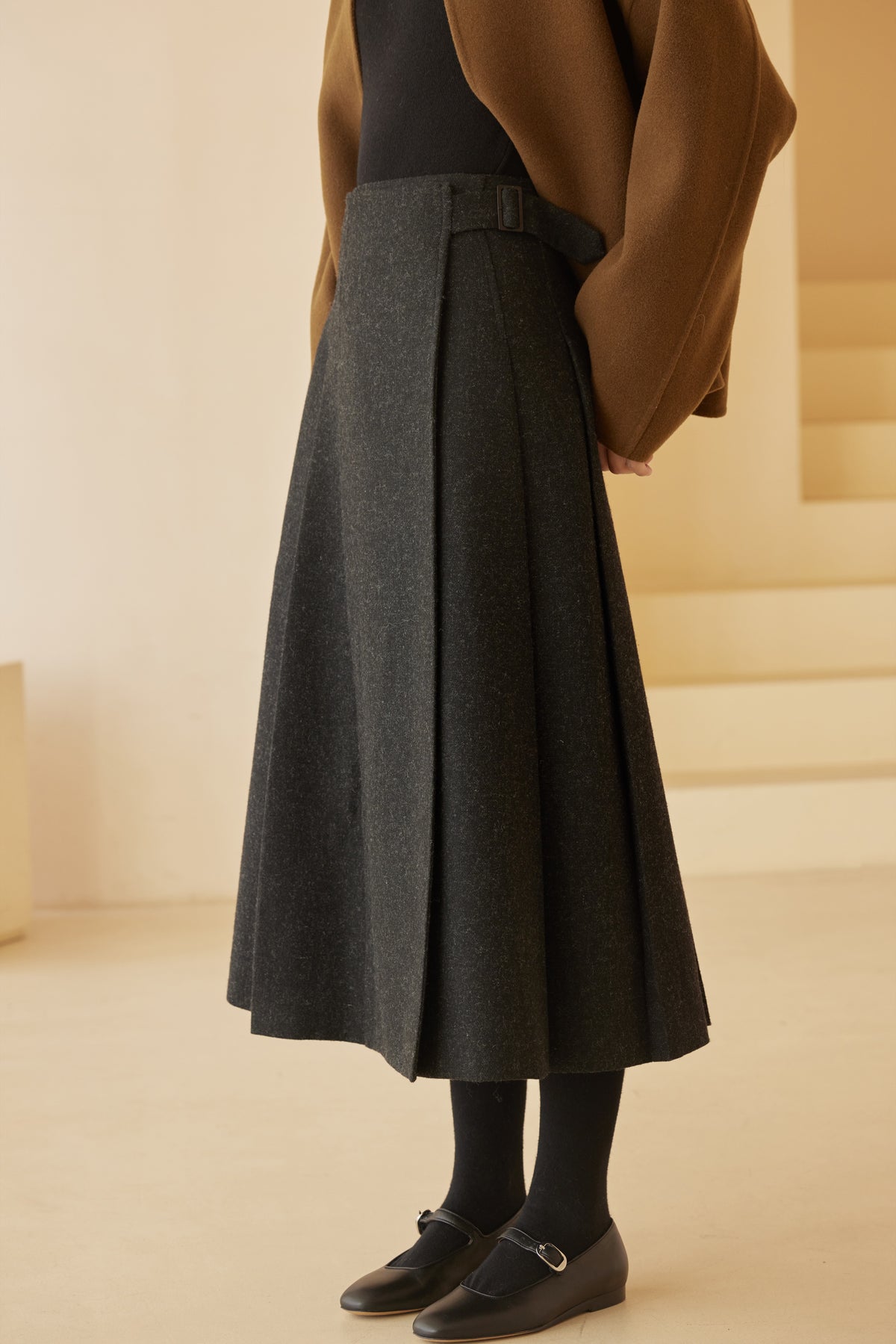 Wool-Blend Pleated Midi Skirt