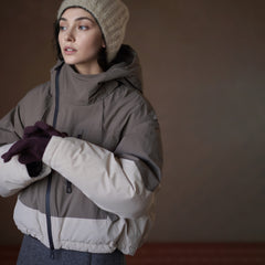Color-Block Hooded Down Jacket, Brown, view 2