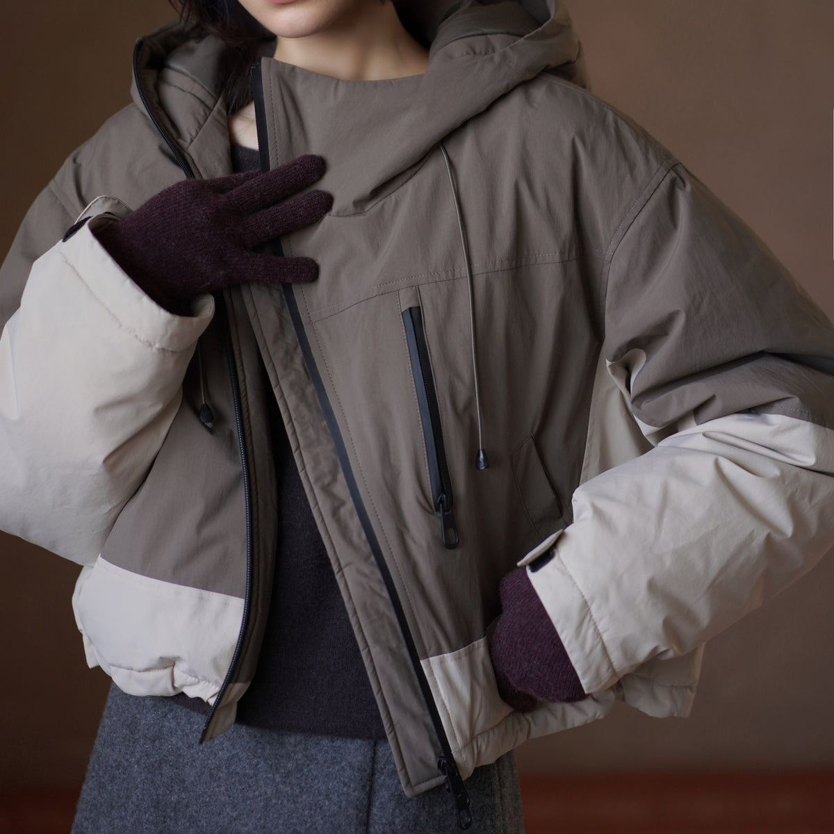 Color-Block Hooded Down Jacket, Brown, view 3
