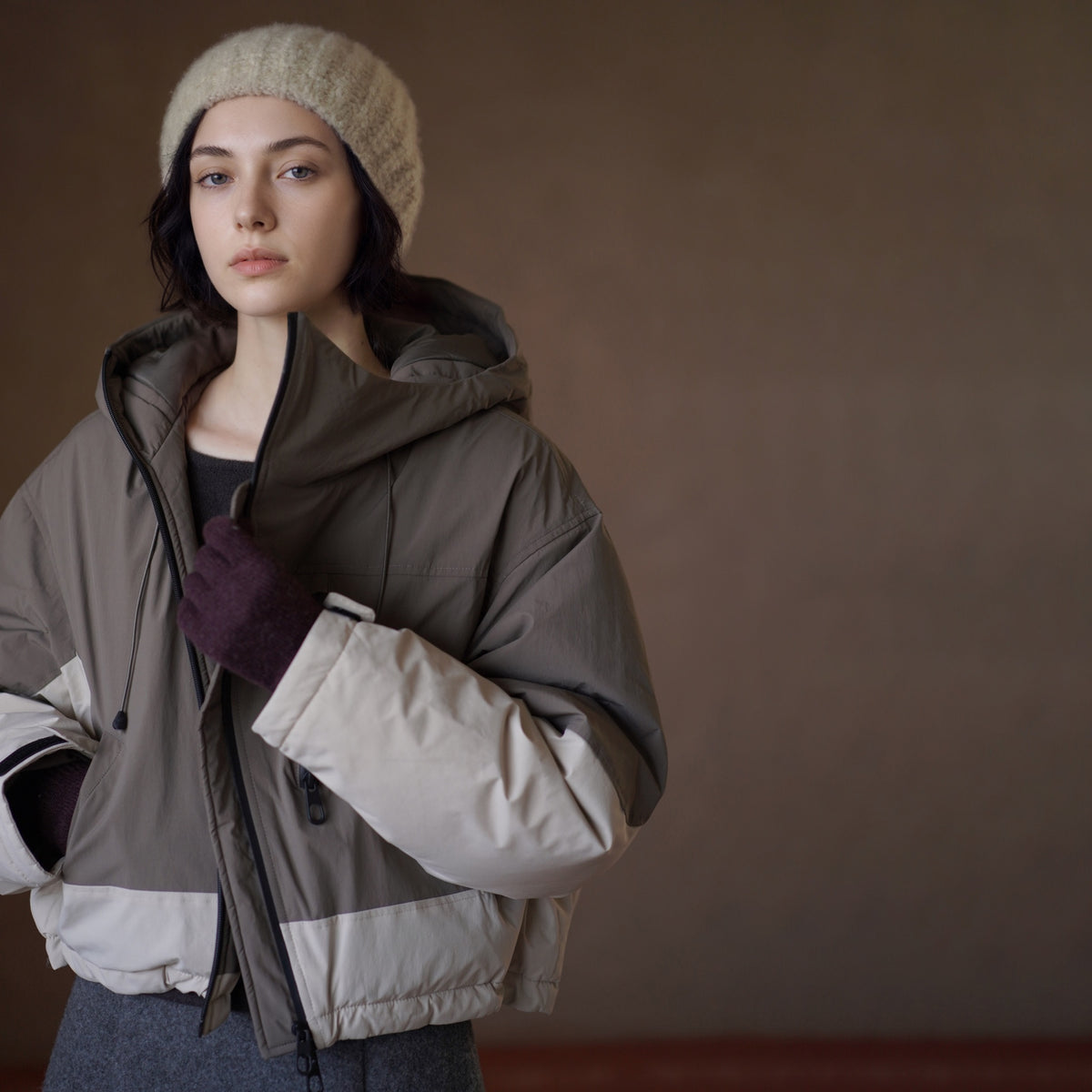 Color-Block Hooded Down Jacket, Brown, view 4