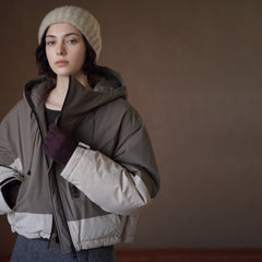 Color-Block Hooded Down Jacket, Brown, view 4