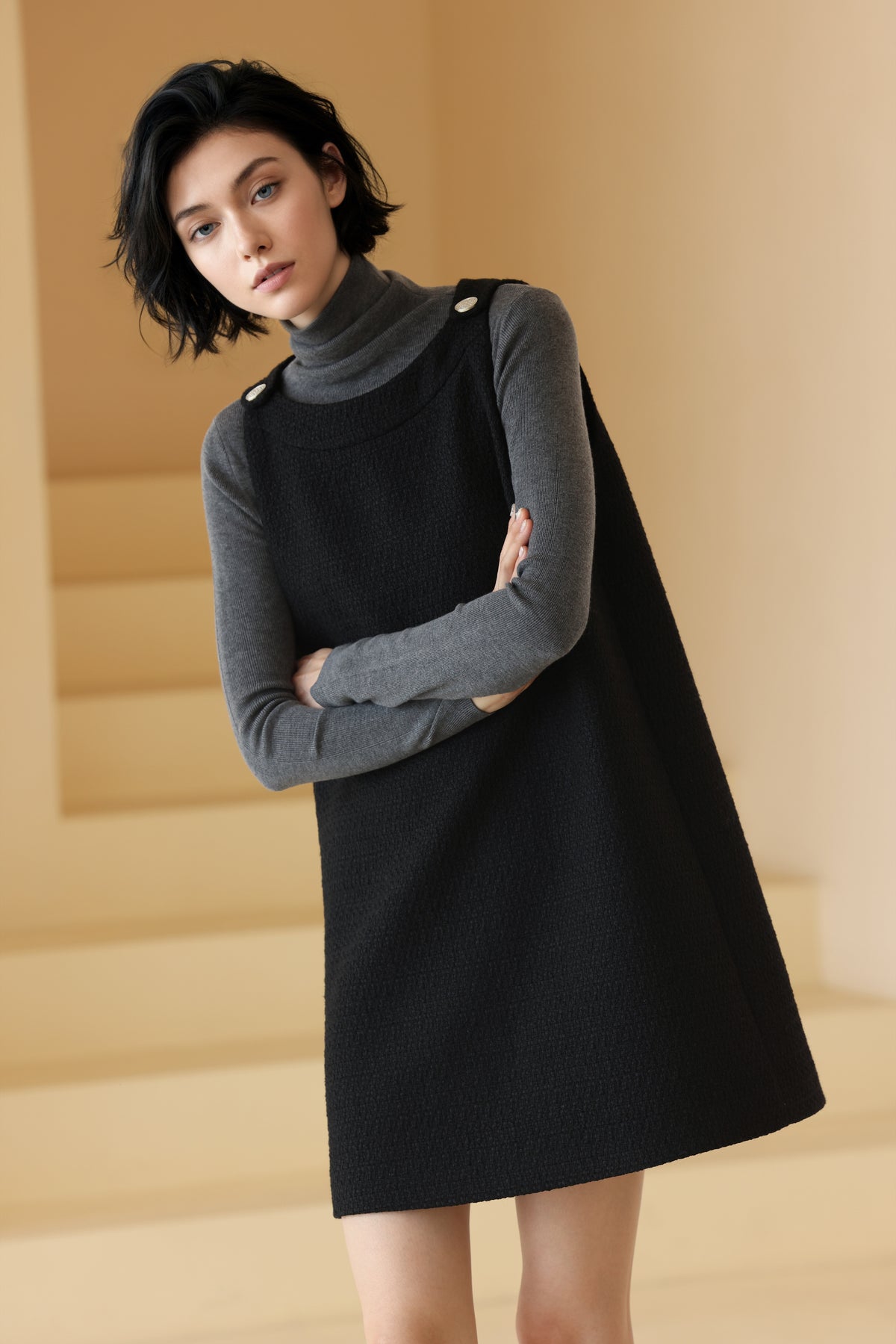 Silver-Button Tweed Pinafore Dress