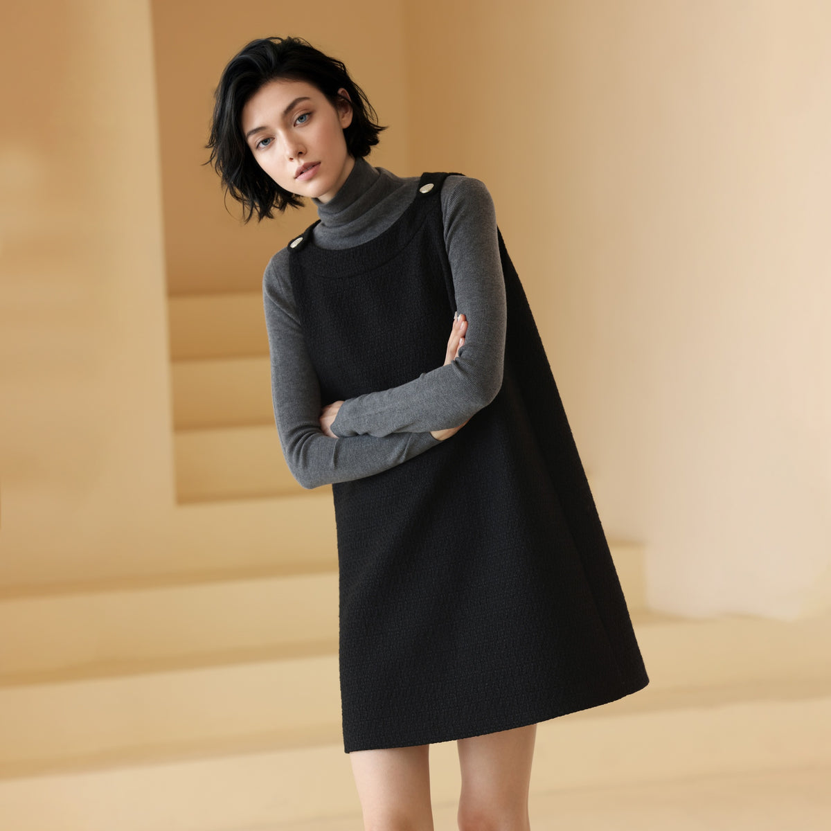 Silver-Button Tweed Pinafore Dress - by chocpi