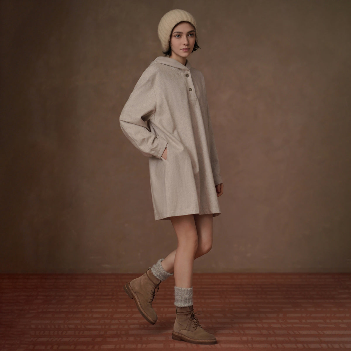 Textured Wool-Blend Hooded Dress, Beige, view 2