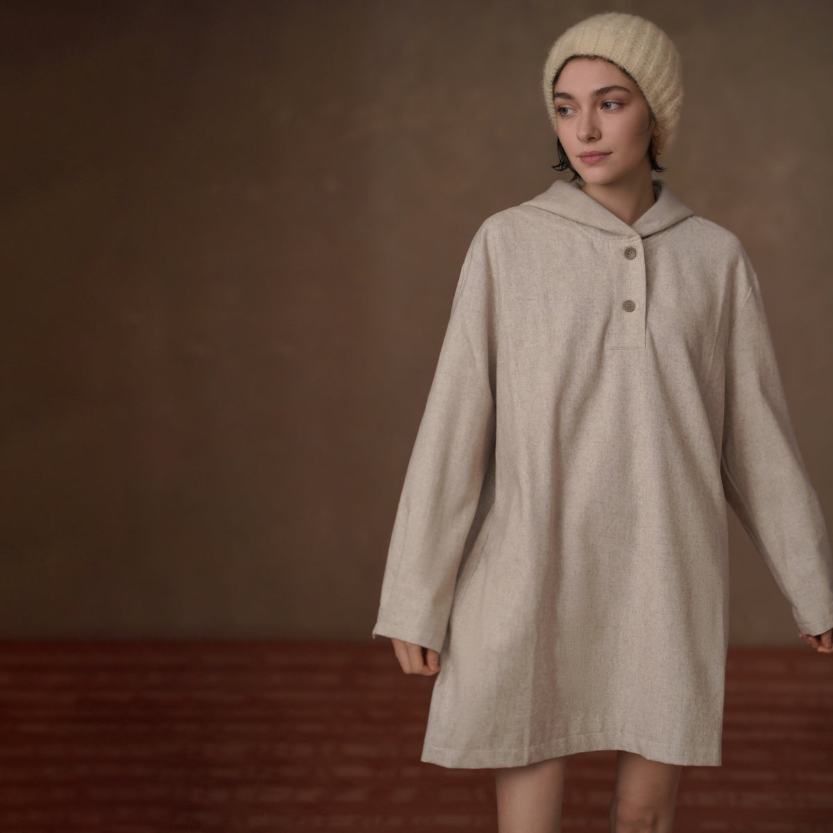 Textured Wool-Blend Hooded Dress, Beige, view 3