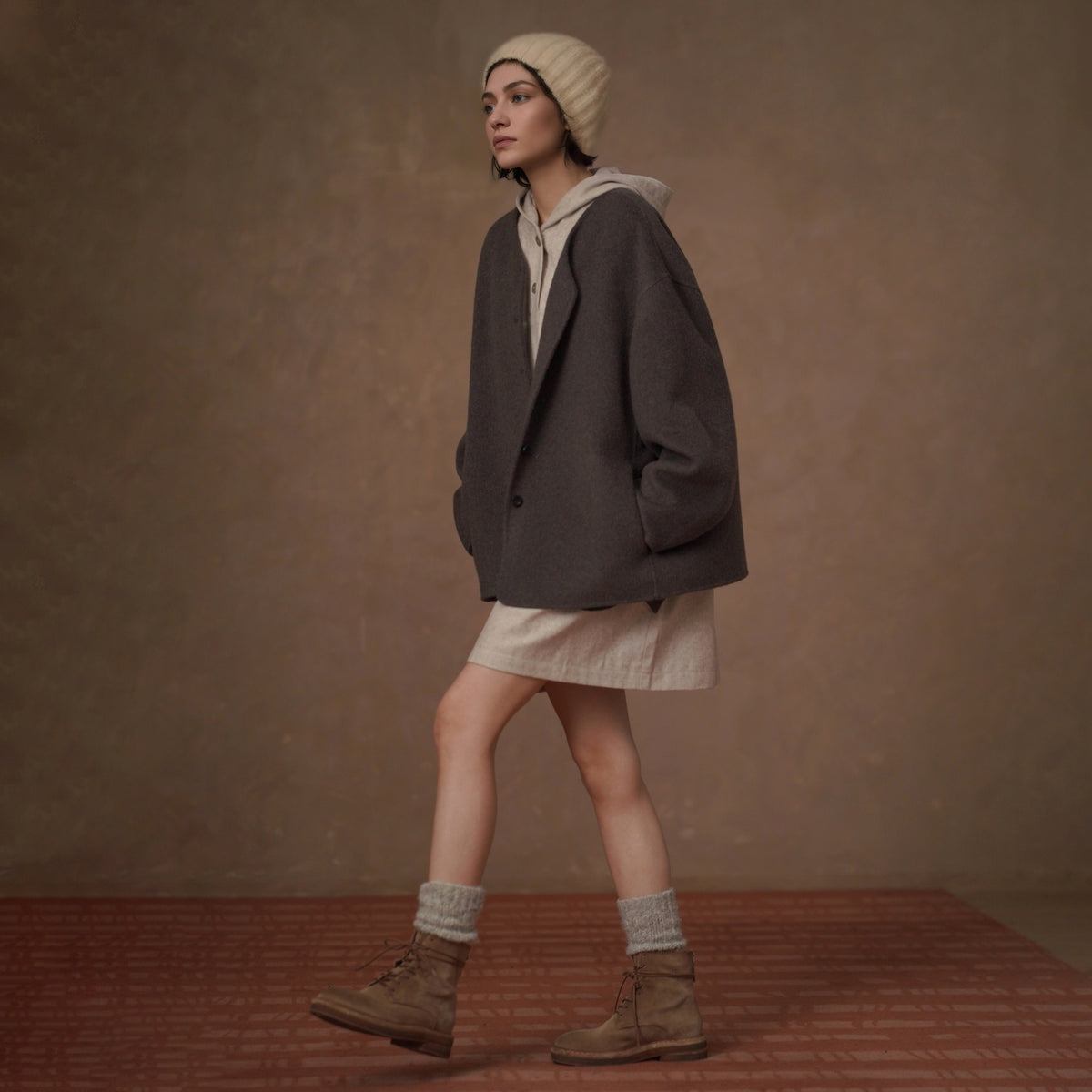 Textured Wool-Blend Hooded Dress, Beige, view 4