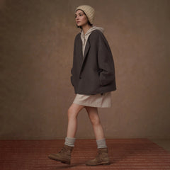 Textured Wool-Blend Hooded Dress, Beige, view 4