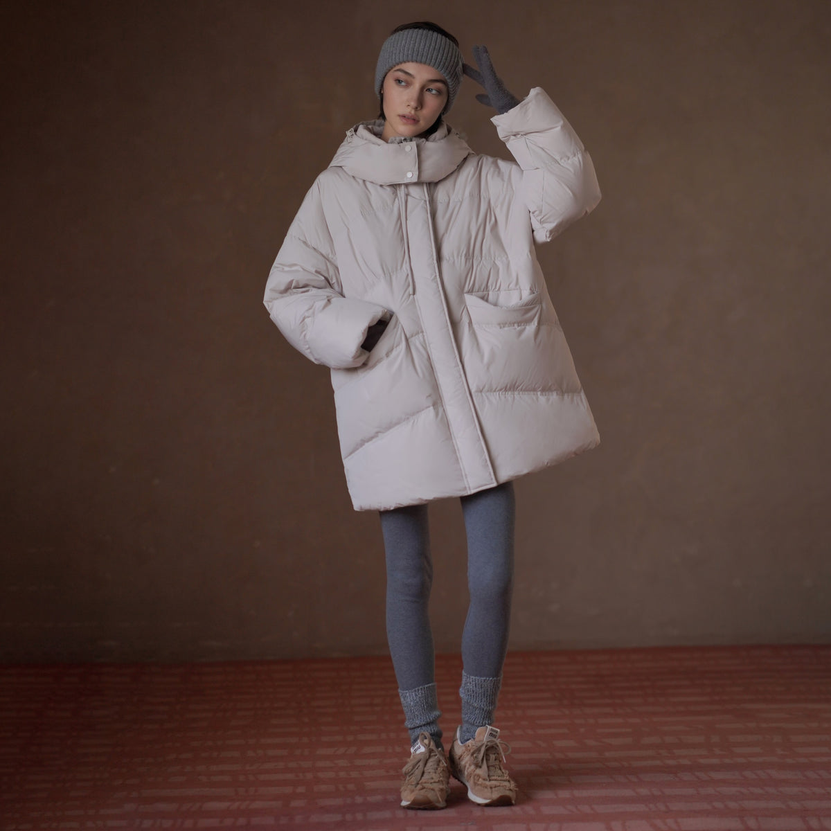 Hooded White Duck Down Jacket, Beige, view 1