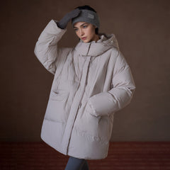 Hooded White Duck Down Jacket, Beige, view 2