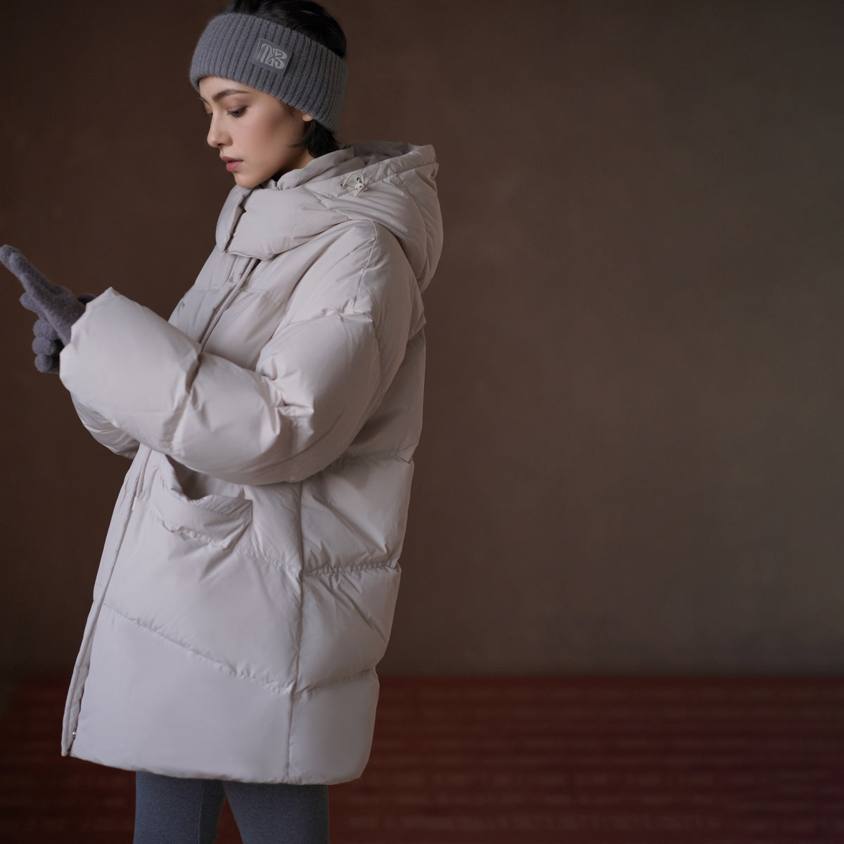 Hooded White Duck Down Jacket, Beige, view 3