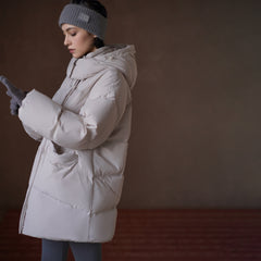 Hooded White Duck Down Jacket, Beige, view 3