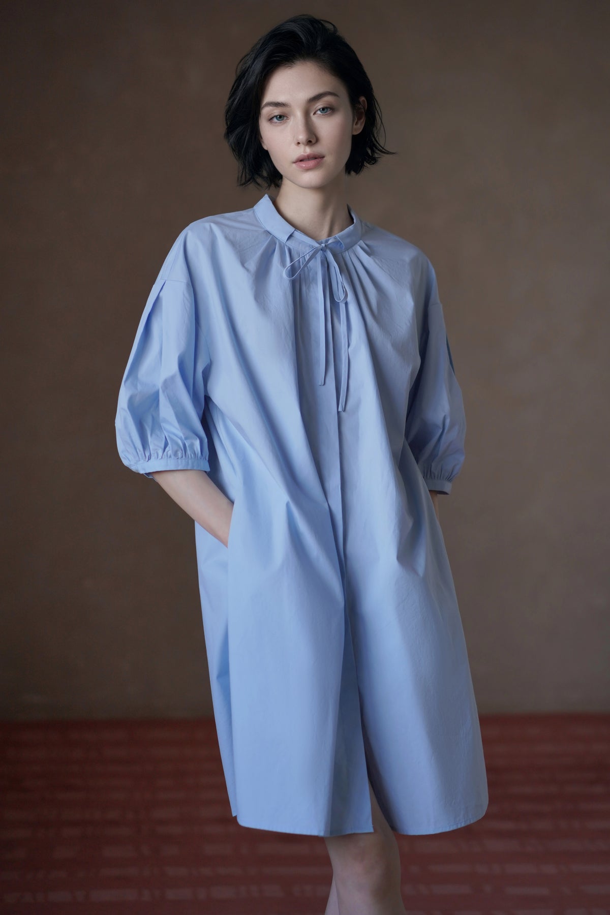 Stand-Collar Puff-Sleeve Midi Dress