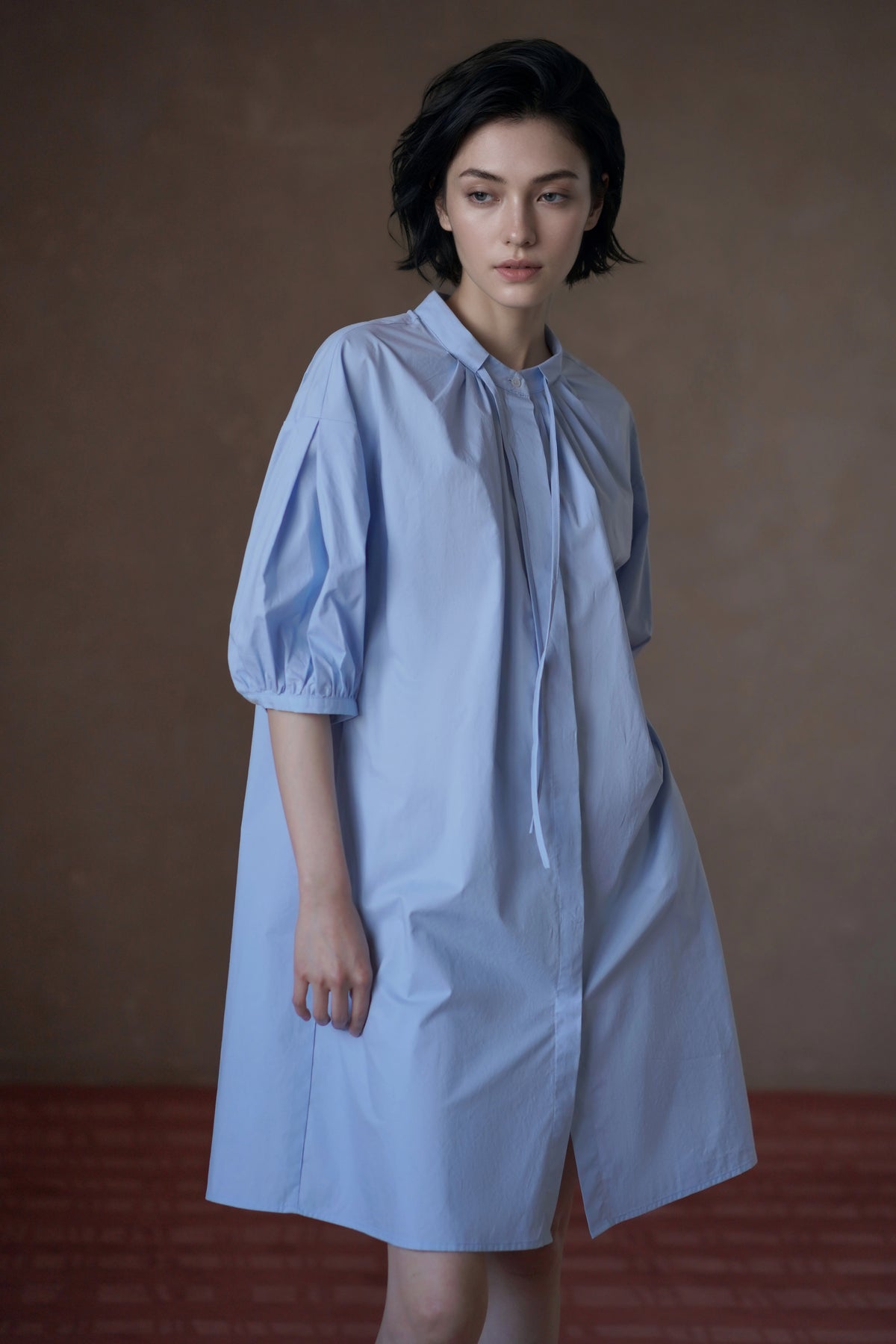 Stand-Collar Puff-Sleeve Midi Dress
