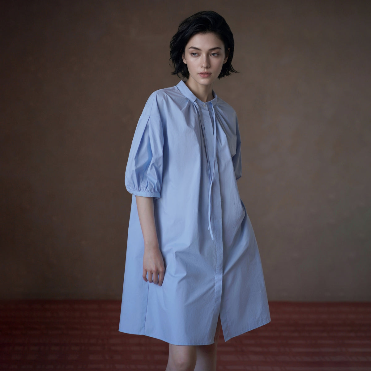 Cotton Puff-Sleeve Shirt Dress - by chocpi