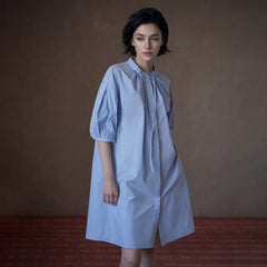 Cotton Puff-Sleeve Shirt Dress - by chocpi
