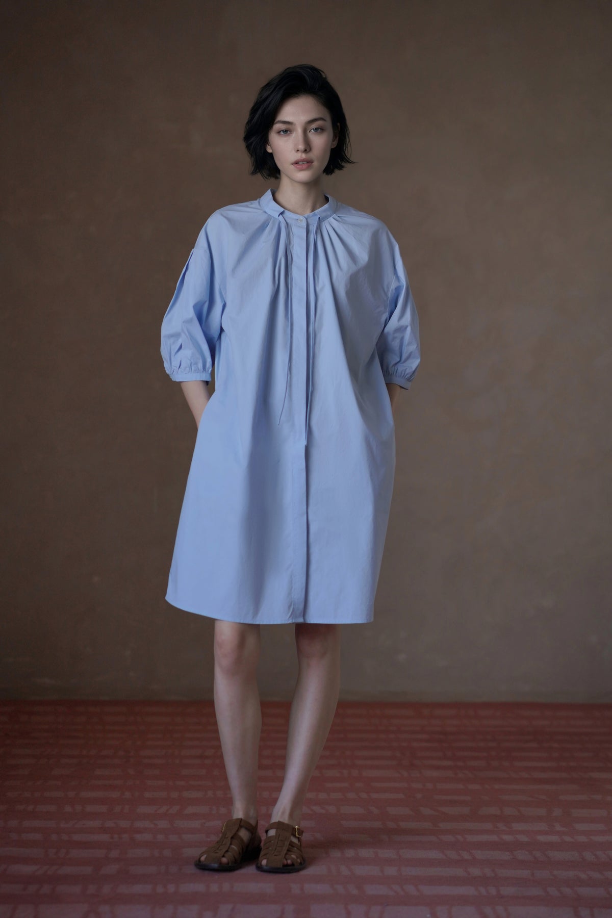 Stand-Collar Puff-Sleeve Midi Dress