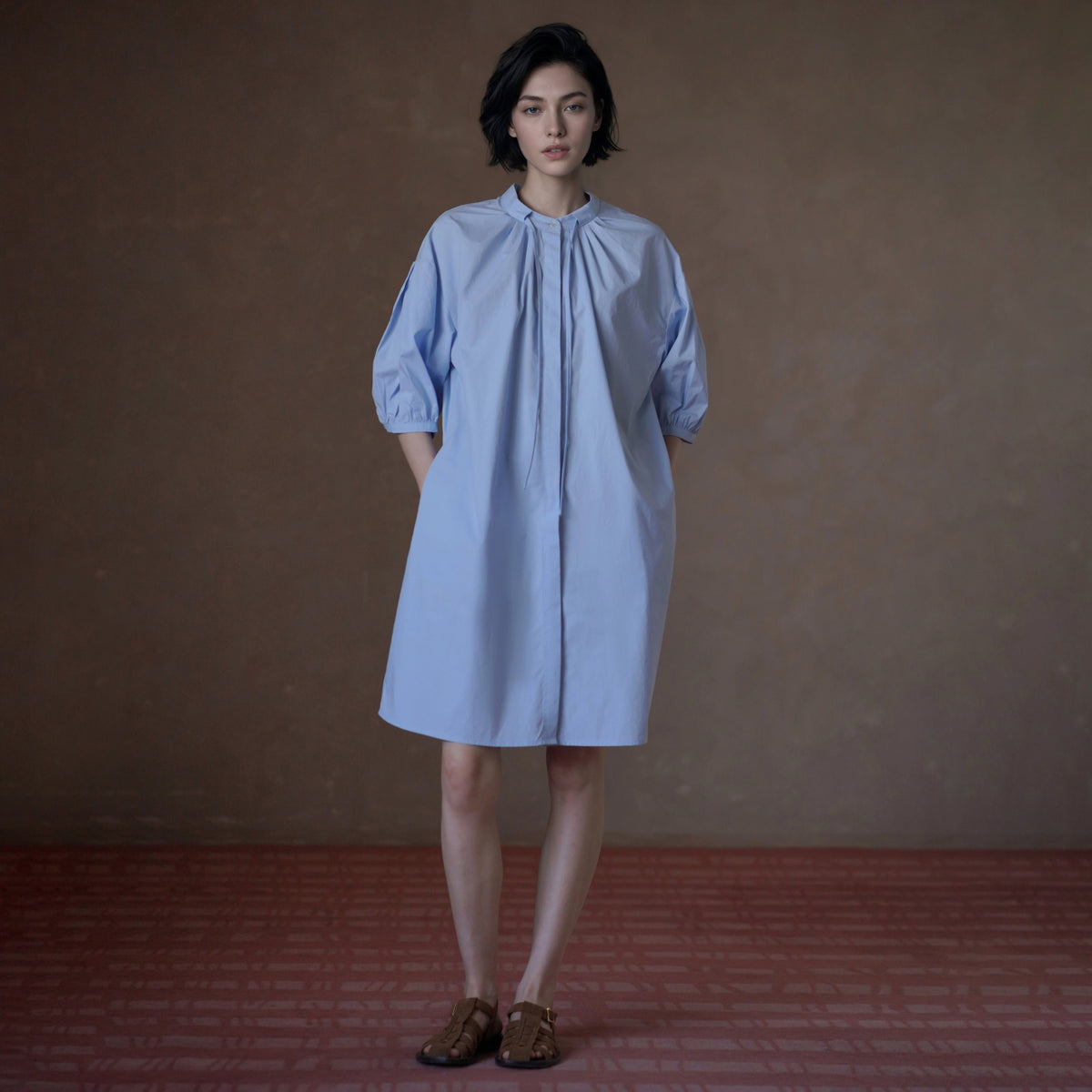 Cotton Puff-Sleeve Shirt Dress - by chocpi