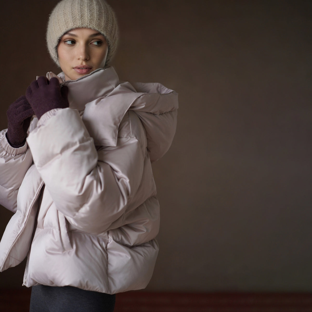 Satin-Finish Hooded Down Jacket, Beige, view 1