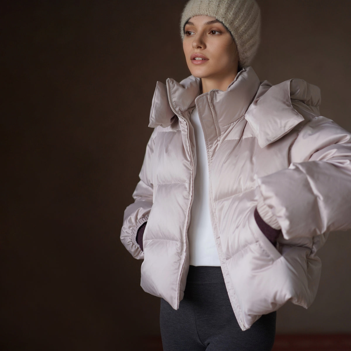 Satin-Finish Hooded Down Jacket, Beige, view 2