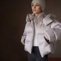 Satin-Finish Hooded Down Jacket, Beige, view 2
