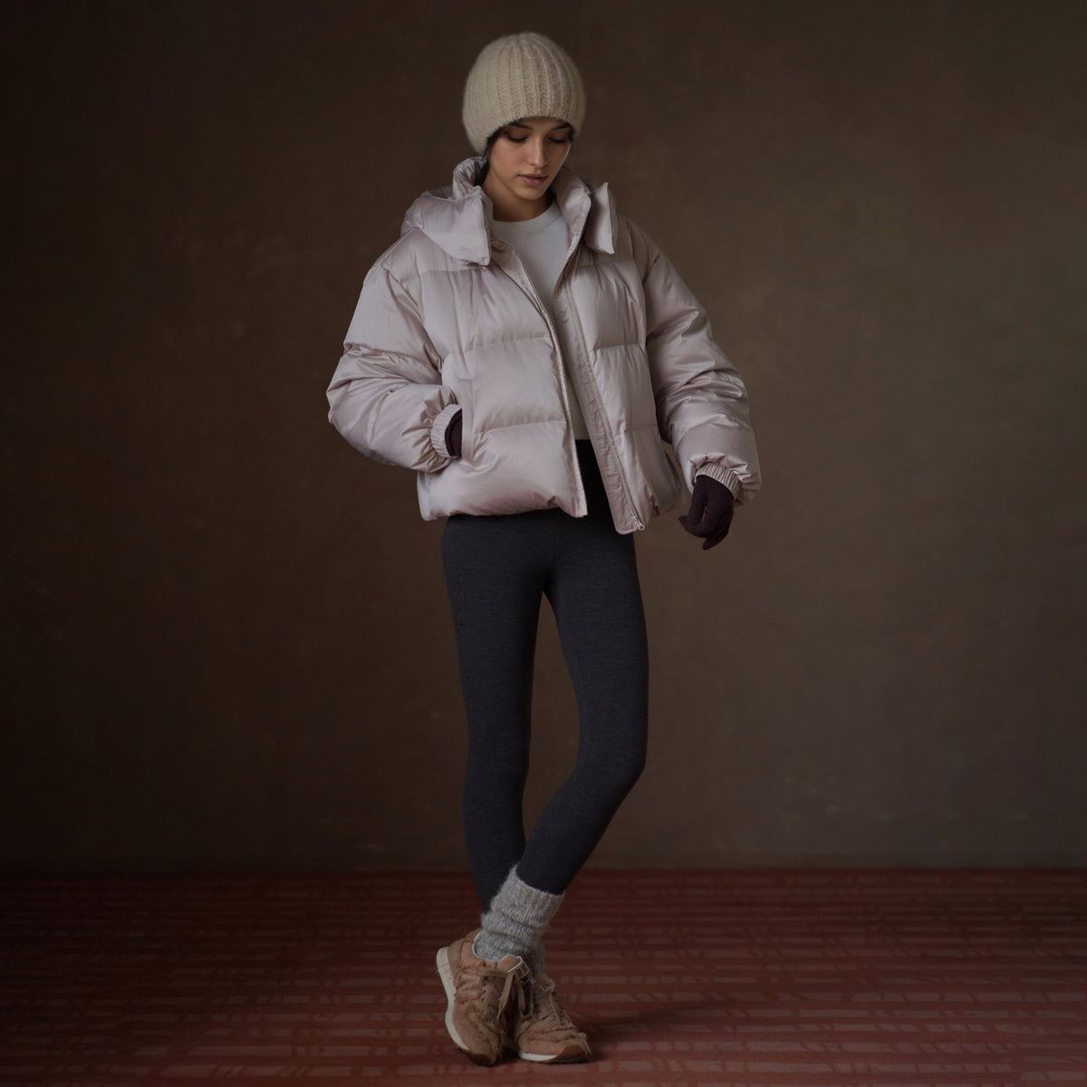 Satin-Finish Hooded Down Jacket, Beige, view 3