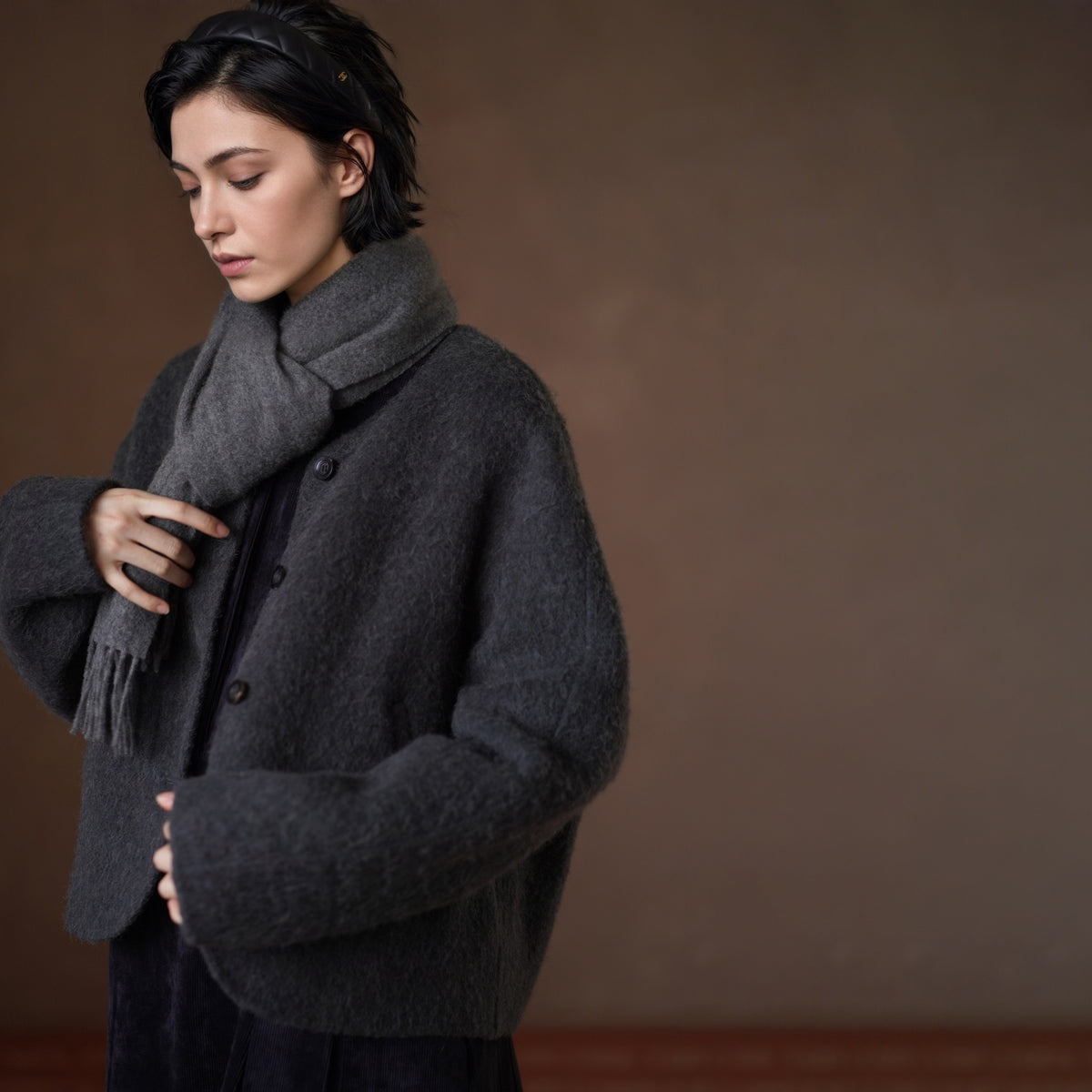 Alpaca Wool-Blend Double-Faced Coat, Grey, view 2