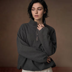 Wool-Blend Half-Zip Stand-Collar Sweatshirt, Grey, view 3