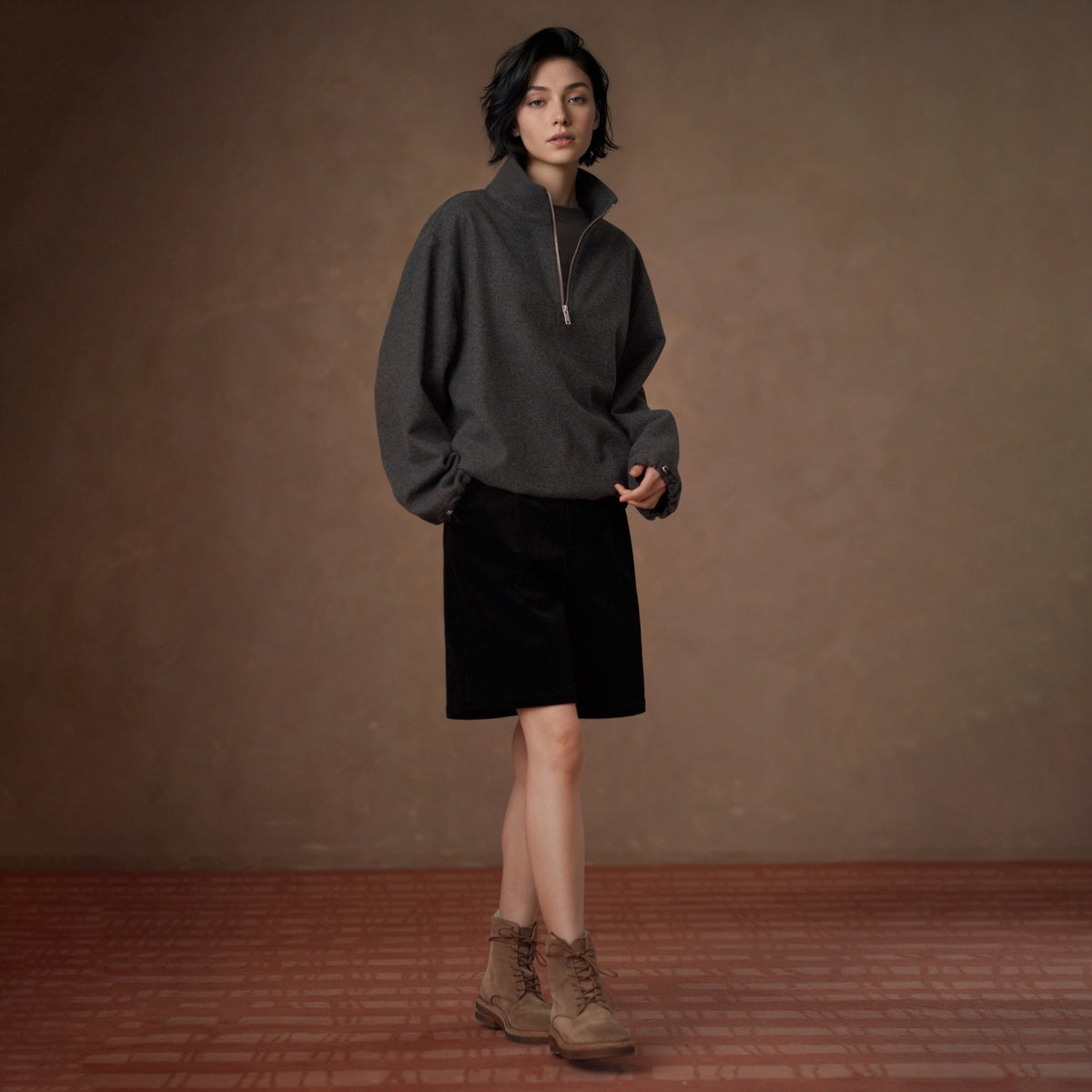 Wool-Blend Half-Zip Stand-Collar Sweatshirt, Grey, view 4