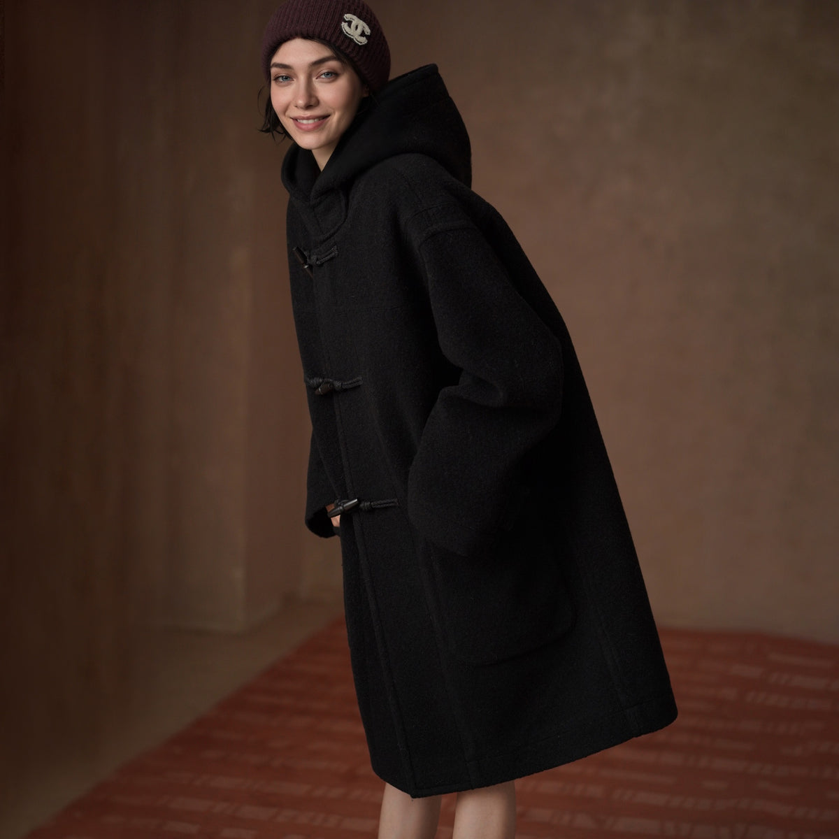 Wool-Blend Duffle Coat, Black, view 1