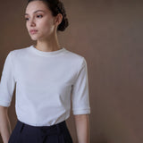 Tuck-Detail Stretch Crewneck Top, White, view 3