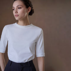 Tuck-Detail Stretch Crewneck Top, White, view 3