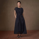 100% Ramie Twist-Front Belted Dress, Blue, view 4