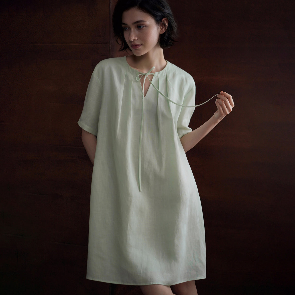 Lyocell-Linen A-Line Dress, Green, view 2