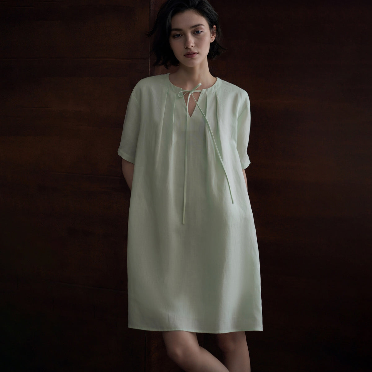Lyocell-Linen A-Line Dress, Green, view 3