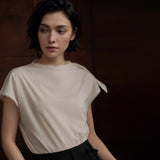 Lace-Panel Short-Sleeve Blouse, White, view 3
