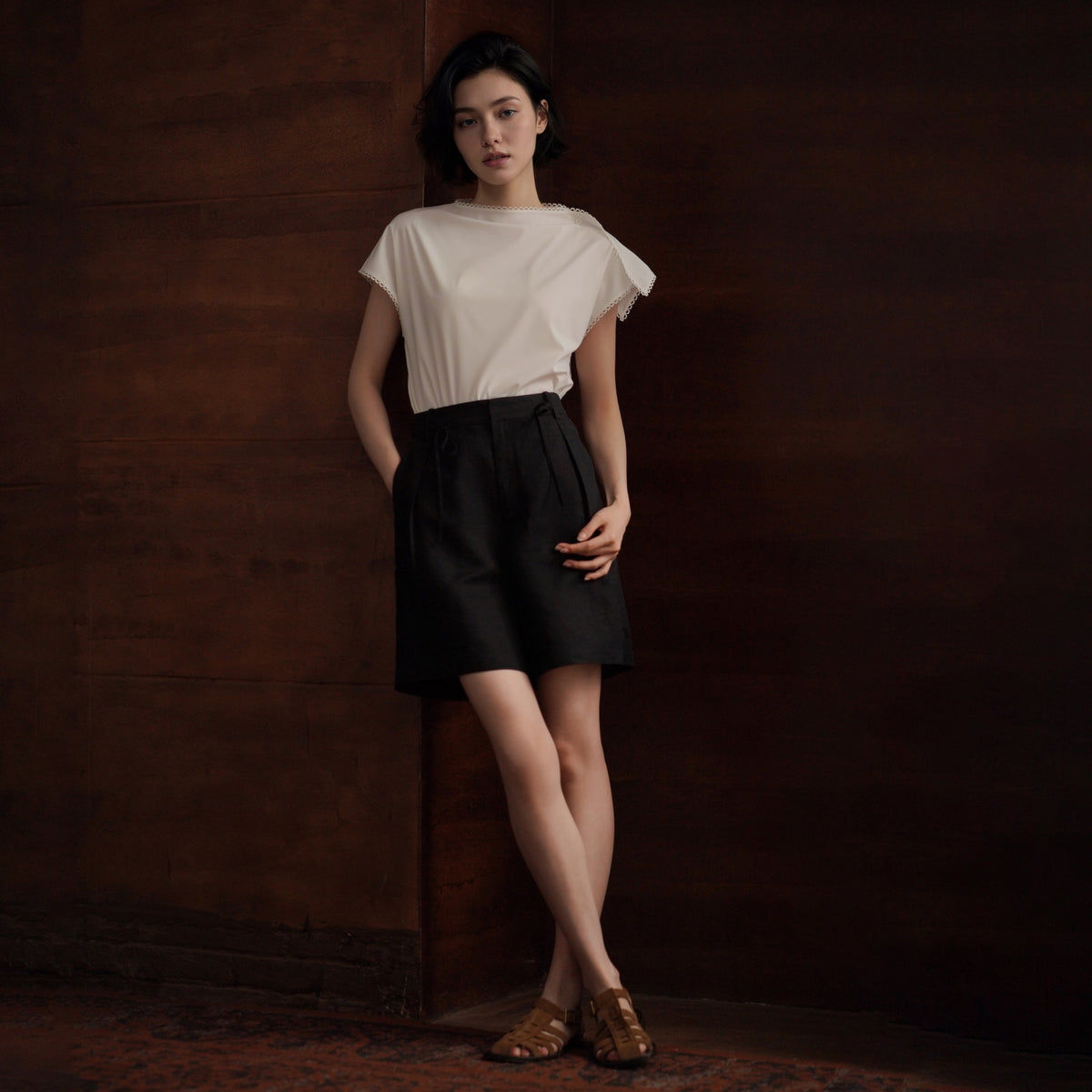 Lace-Panel Short-Sleeve Blouse, White, view 4
